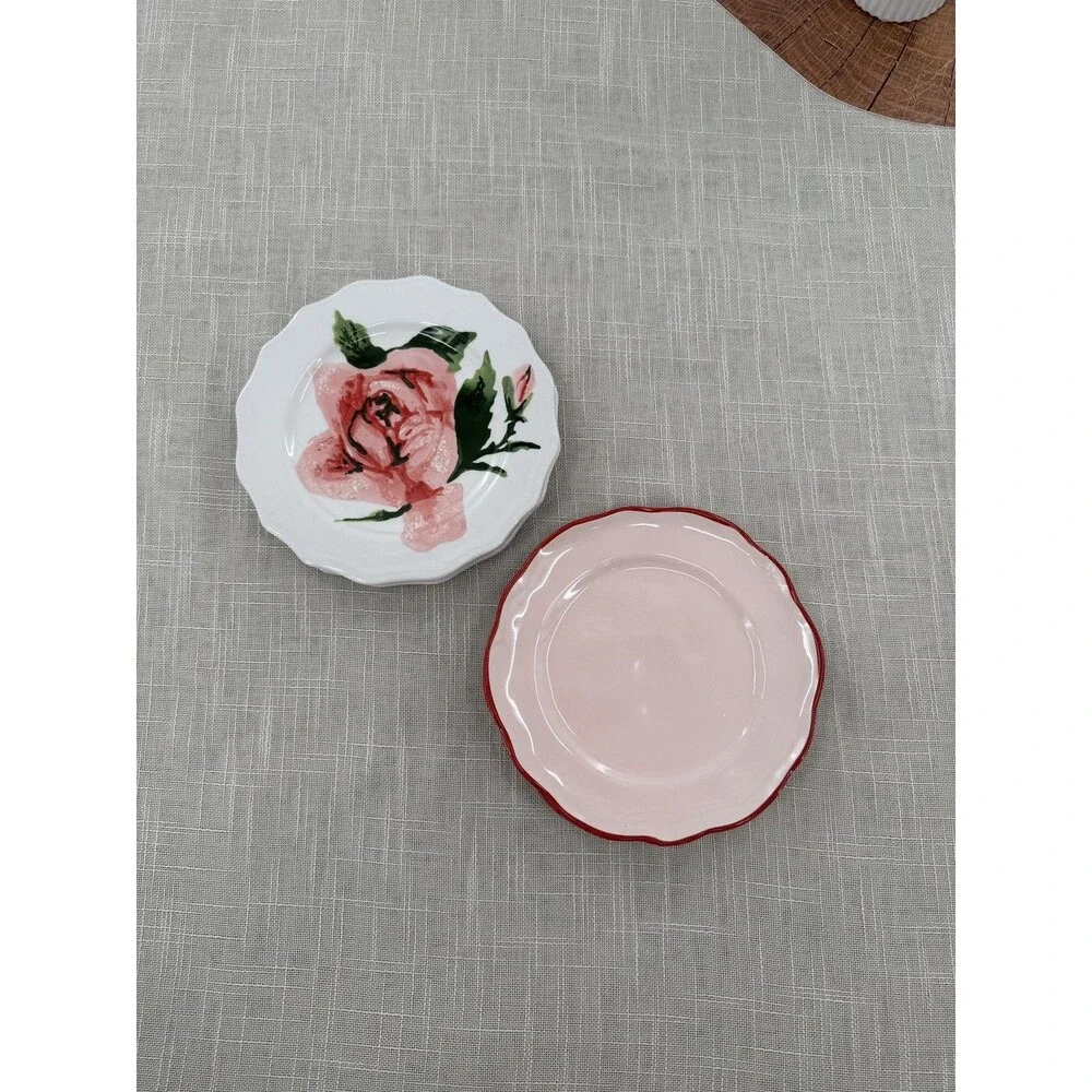 Pink Rose Dessert Plates Set Cottagecore Floral Shabby Chic Vintage Style